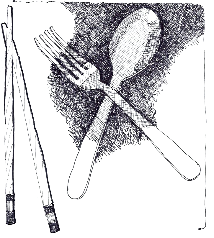 fork, spoon and sticks